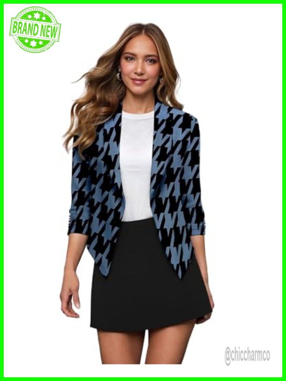 Women's Open Front Blazer 3/4 Scrunch Sleeve Plaid Business Casual